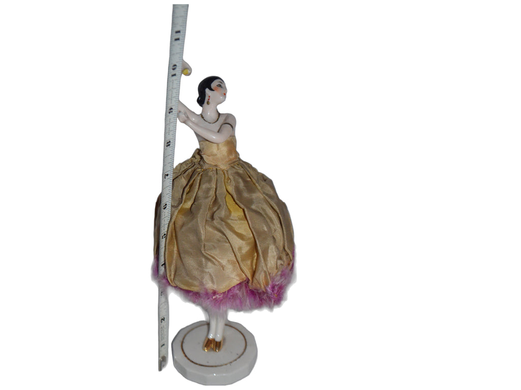 RARE German Porcelain Half Doll Art Deco Flapper Girl Spanish Dancer With Castanets Powder Box with Legs