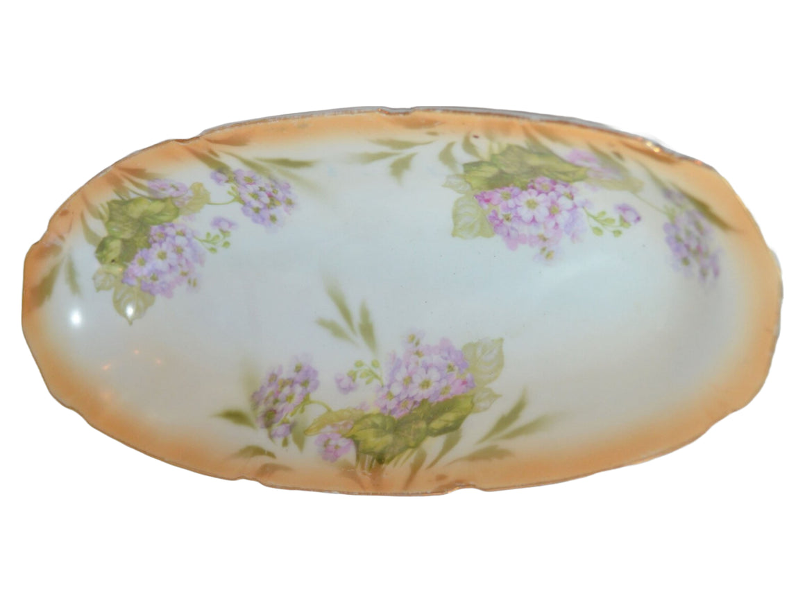Antique German Porcelain Celery Dish Vanity Tray Peach Violet Floral Decor 11" Long