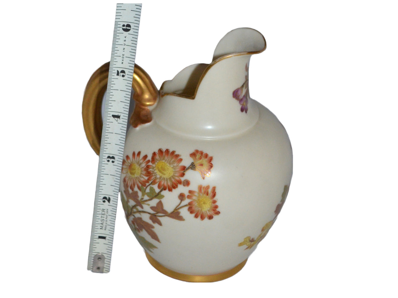 Royal Worcester Ewer Pitcher Flat Back Creamer Gold Gilding Blush Ivory Rare Blue Flowers
