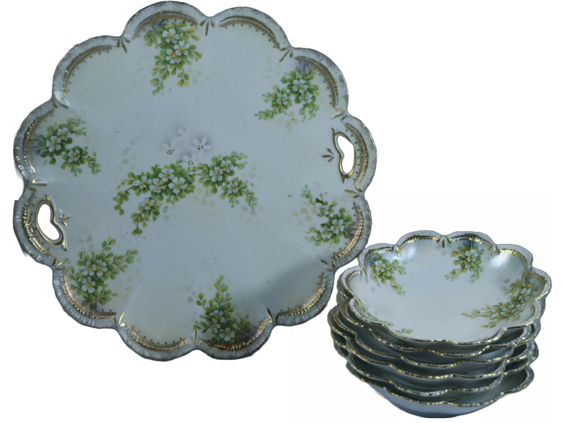 RS Prussia Porcelain Cake Plate & Six Bowls Mold 182 FD48 Realistic Dogwood