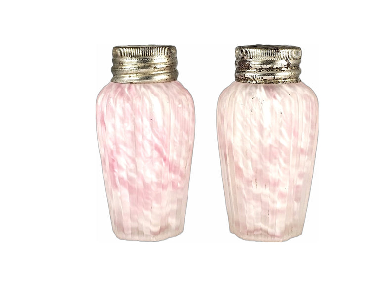 Northwood Pink Opalescent Spatter Glass Pleat Frosted Ribbed Pillar Shaker Set