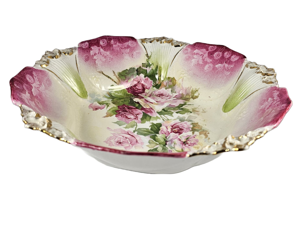 Antique RS Prussia Porcelain Bowl Mold 88 Cranberry Pink with Roses