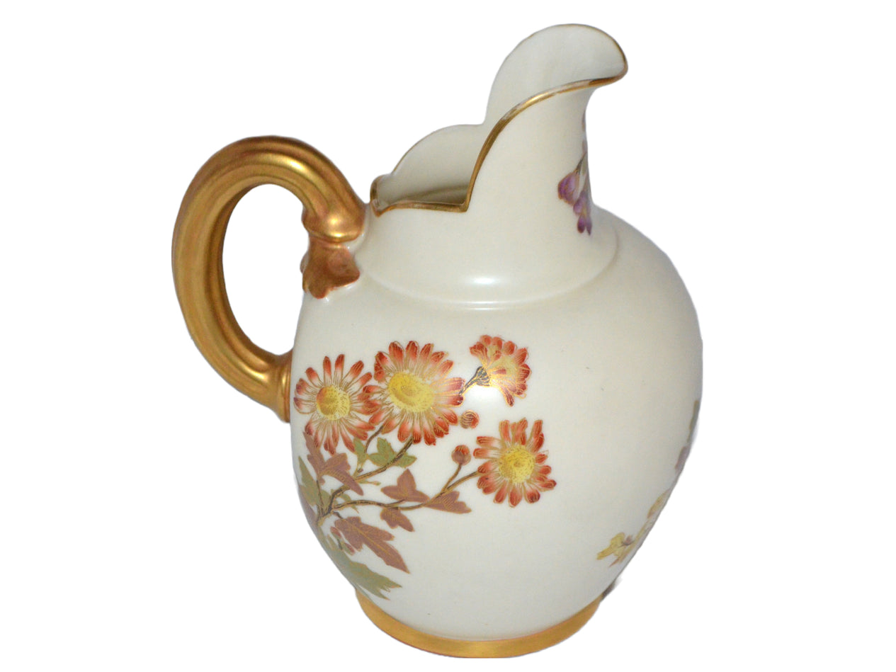 Royal Worcester Ewer Pitcher Flat Back Creamer Gold Gilding Blush Ivory Rare Blue Flowers