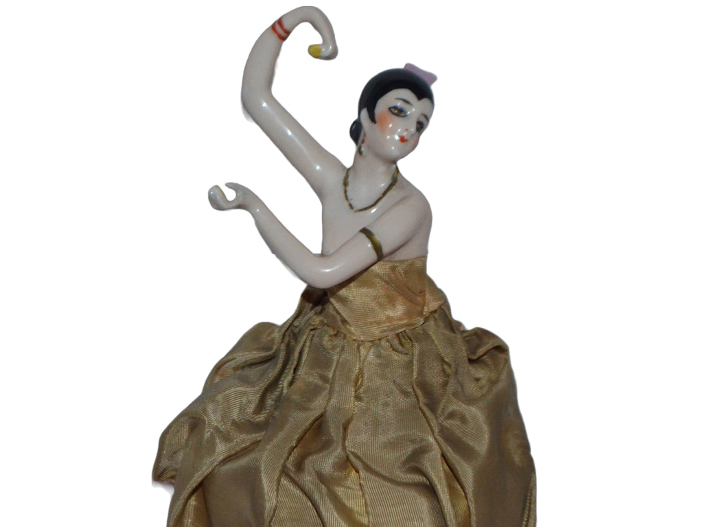 RARE German Porcelain Half Doll Art Deco Flapper Girl Spanish Dancer With Castanets Powder Box with Legs