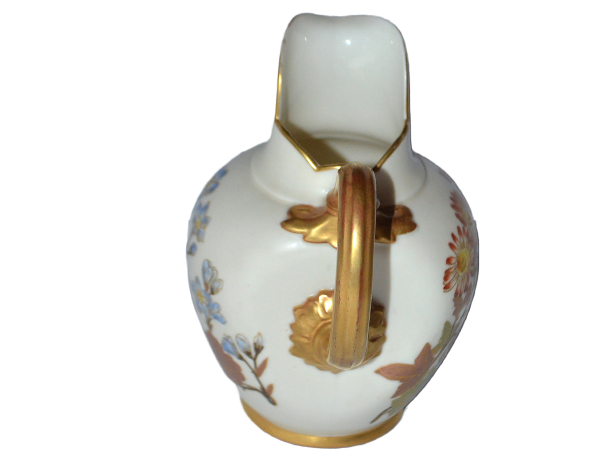 Royal Worcester Ewer Pitcher Flat Back Creamer Gold Gilding Blush Ivory Rare Blue Flowers