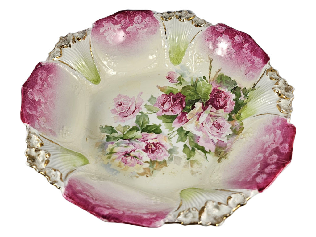Antique RS Prussia Porcelain Bowl Mold 88 Cranberry Pink with Roses