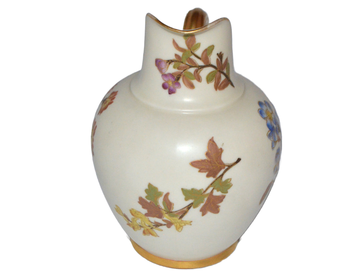 Royal Worcester Ewer Pitcher Flat Back Creamer Gold Gilding Blush Ivory Rare Blue Flowers