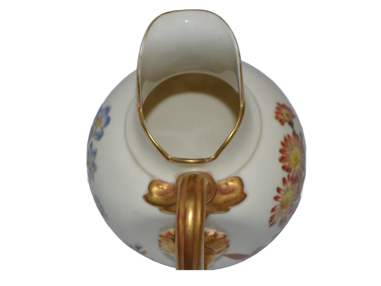Royal Worcester Ewer Pitcher Flat Back Creamer Gold Gilding Blush Ivory Rare Blue Flowers
