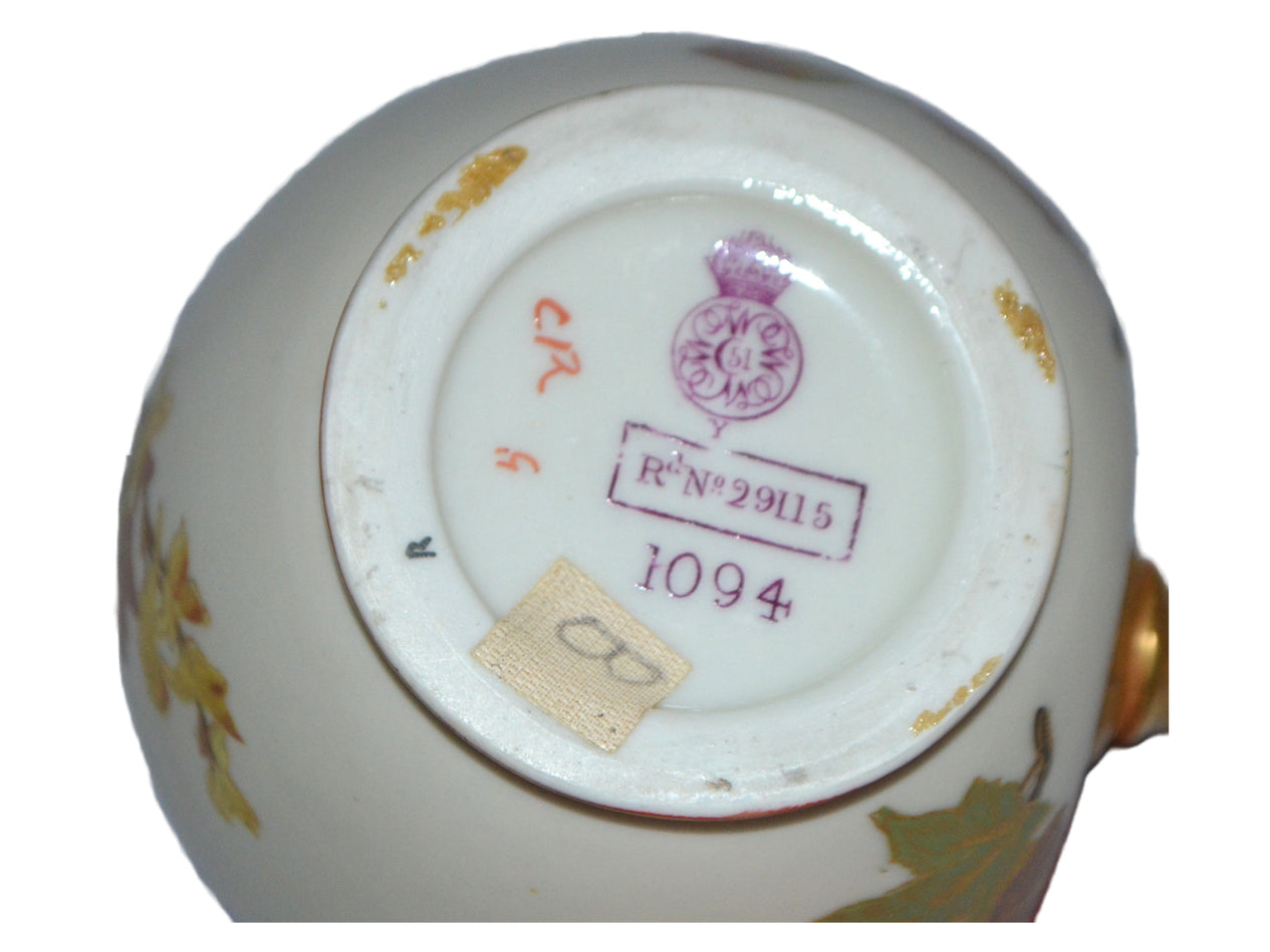 Royal Worcester Ewer Pitcher Flat Back Creamer Gold Gilding Blush Ivory Rare Blue Flowers