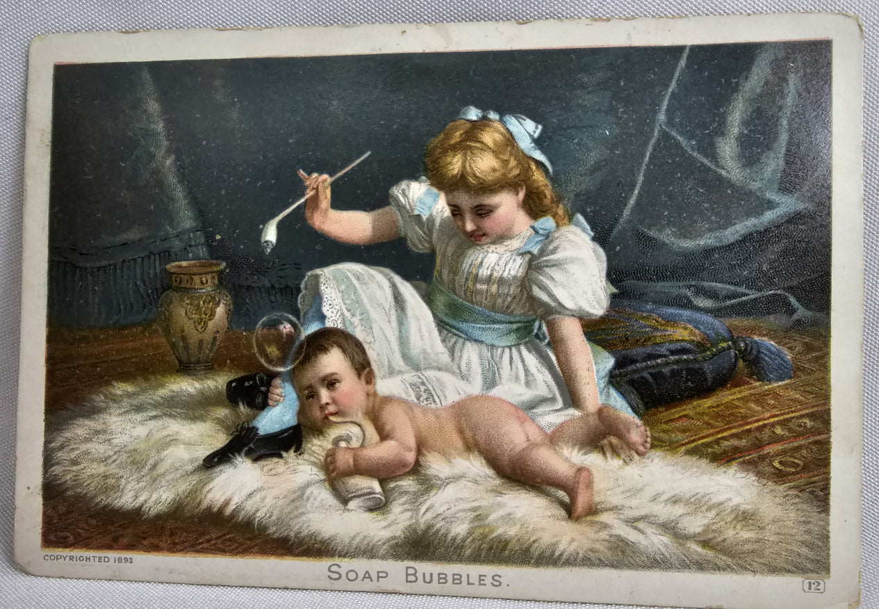 Trade Card Sarony "Soap Bubbles" 1893 Bear Rug Baby Milk Bottle & Girl