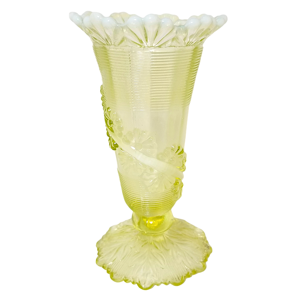 Vintage Northwood Vaseline Glass Vase |Fluted Scroll & Vine EAPG Uranium Glass