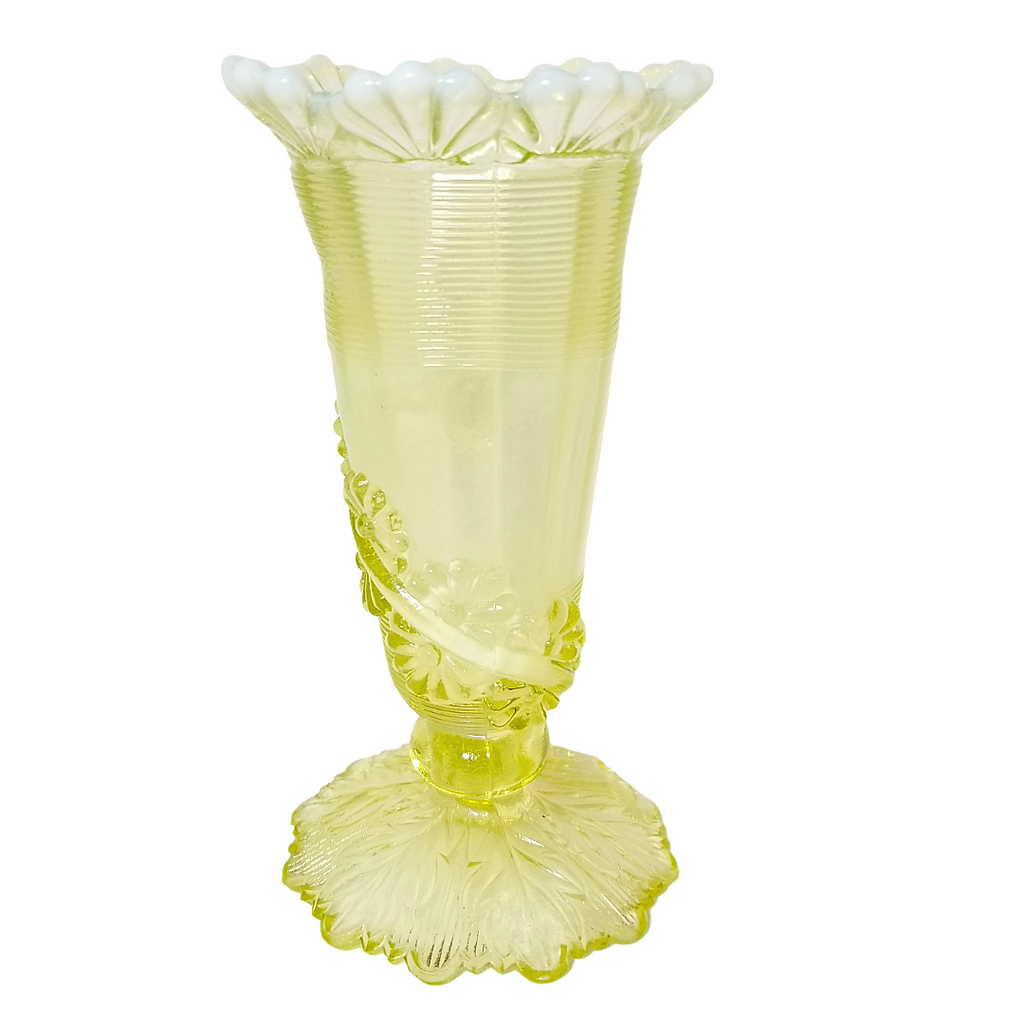 Vintage Northwood Vaseline Glass Vase |Fluted Scroll & Vine EAPG Uranium Glass