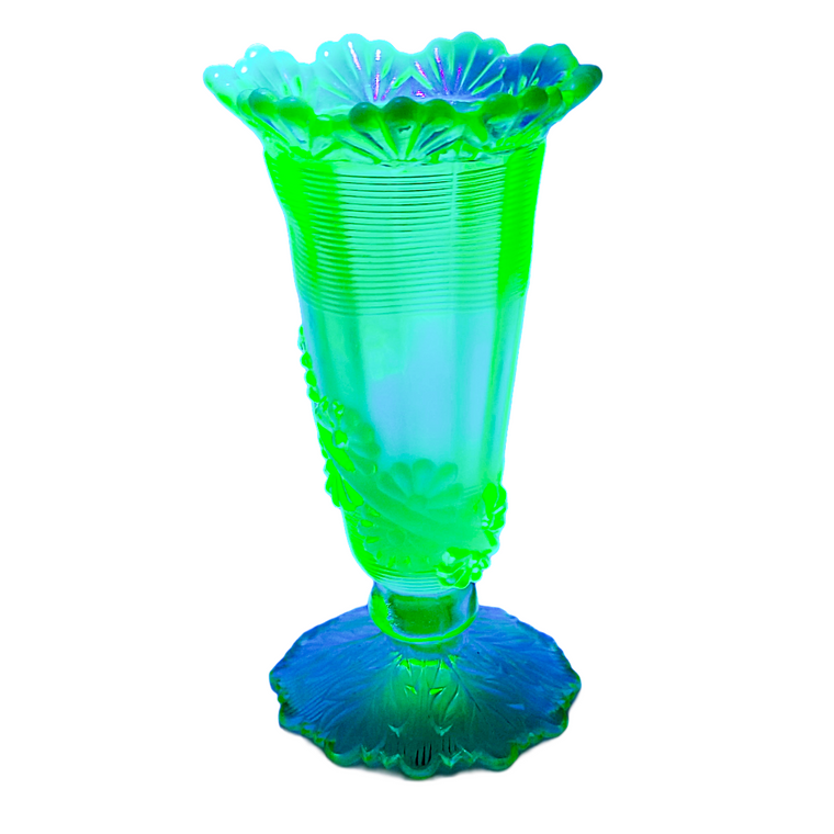 antique northwood  uranium glass vase with scrolls and vine in canary yellow