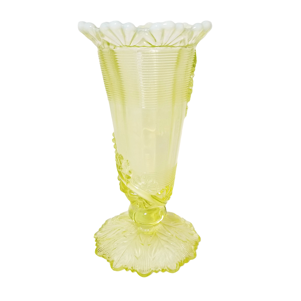 Vintage Northwood Vaseline Glass Vase |Fluted Scroll & Vine EAPG Uranium Glass