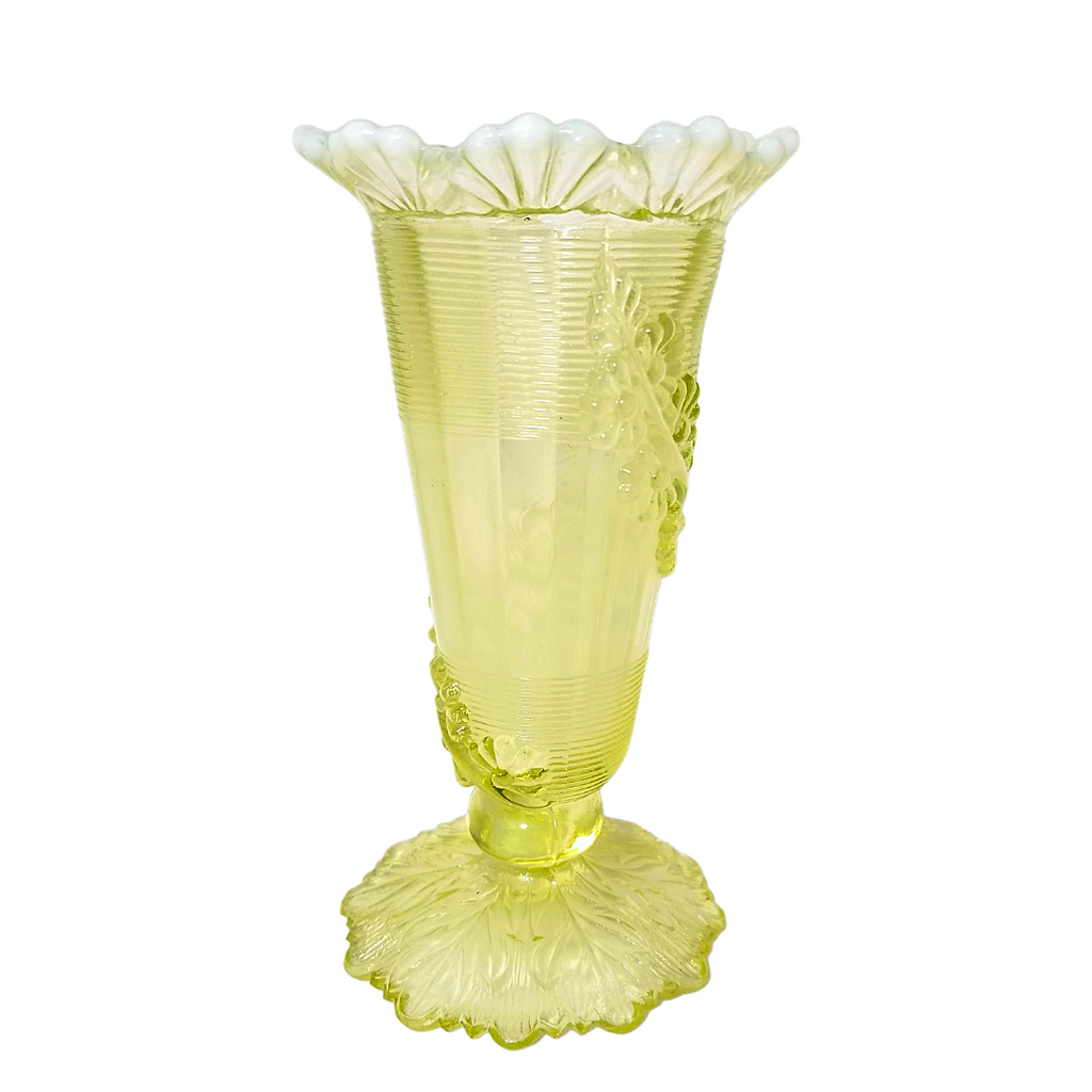 Vintage Northwood Vaseline Glass Vase |Fluted Scroll & Vine EAPG Uranium Glass