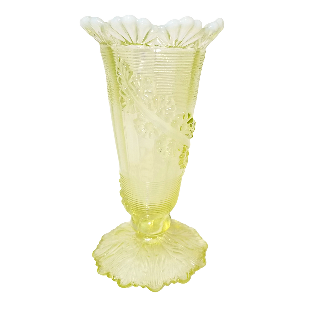 Vintage Northwood Vaseline Glass Vase |Fluted Scroll & Vine EAPG Uranium Glass