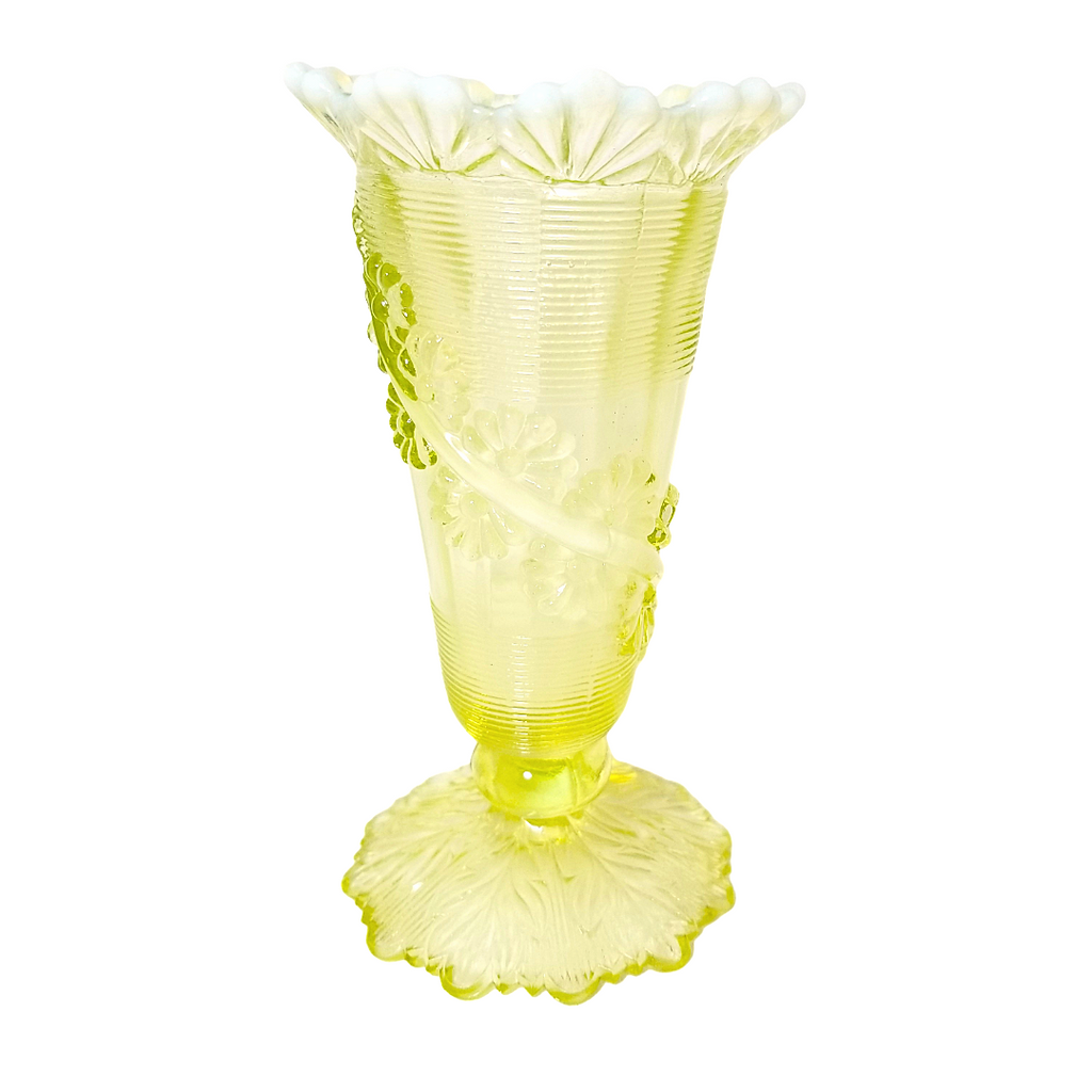 Vintage Northwood Vaseline Glass Vase |Fluted Scroll & Vine EAPG Uranium Glass