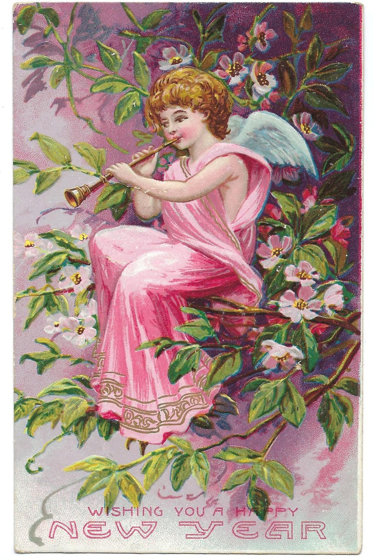 New Year's Embossed Postcard Angel Cherub Girl in Pink Playing Flute in Tree