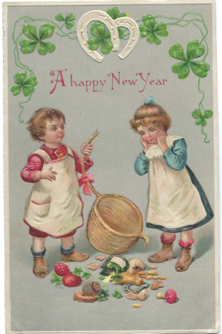 New Year's Embossed Postcard Series 302 Children with Spilled Basket
