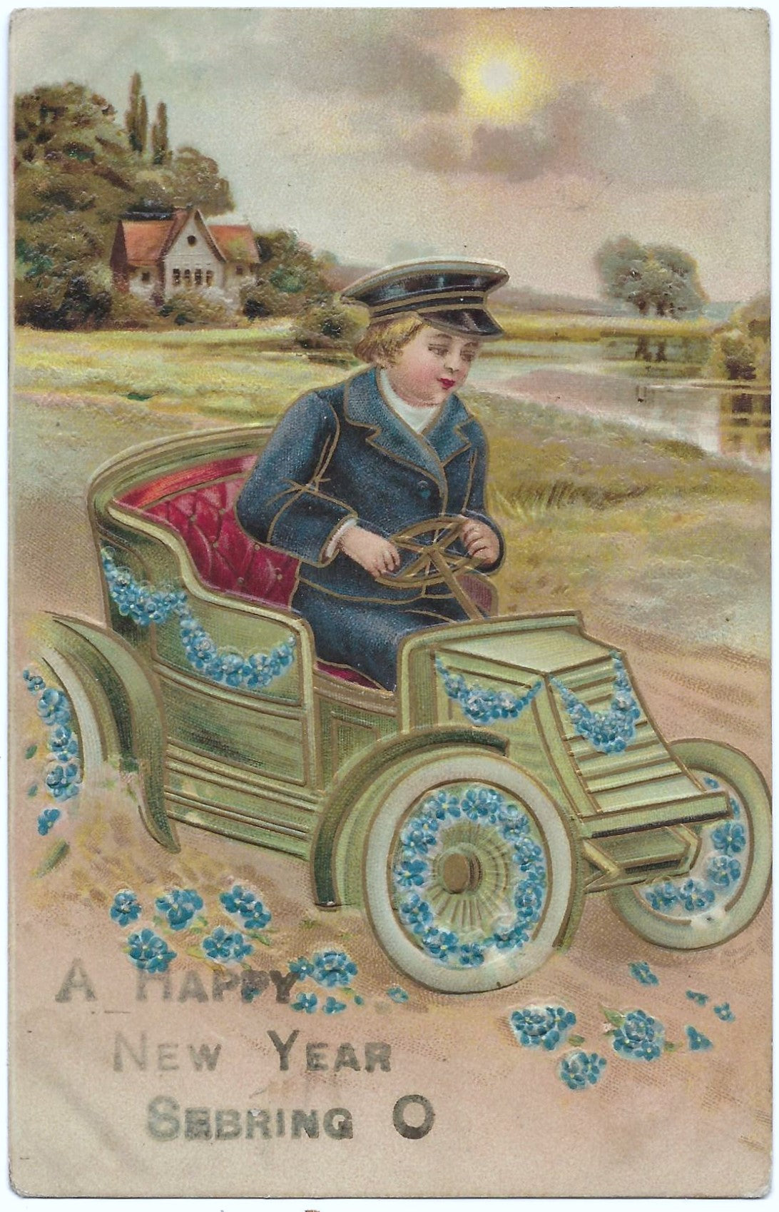 New Year's Embossed Postcard Boy Driving Car Down Country Lane Series 423