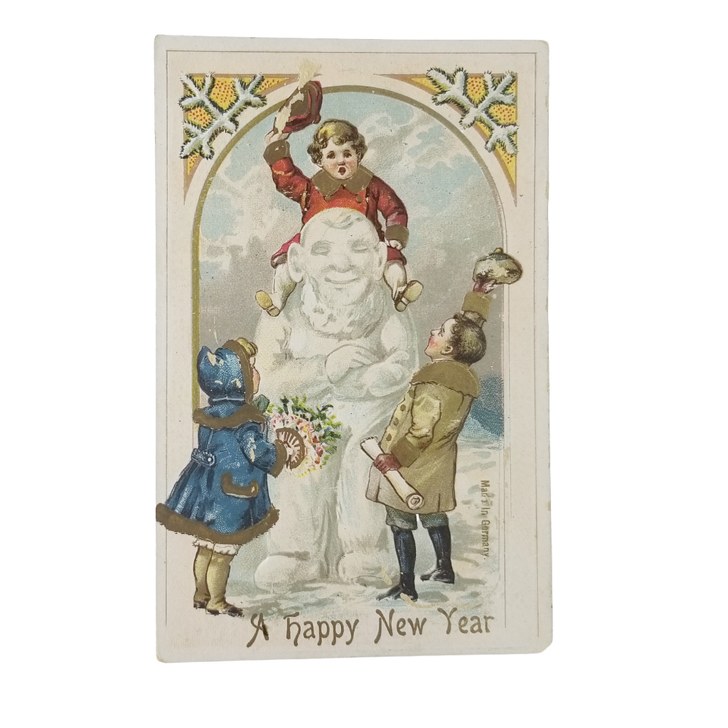 New Year Postcard Children Playing on Snowman Series 49