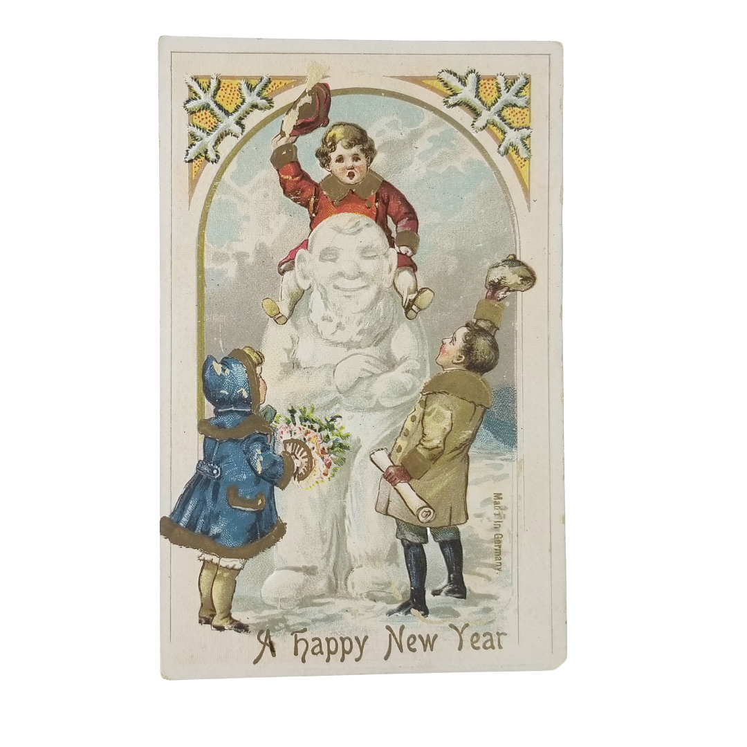 New Year Postcard Children Playing on Snowman Series 49