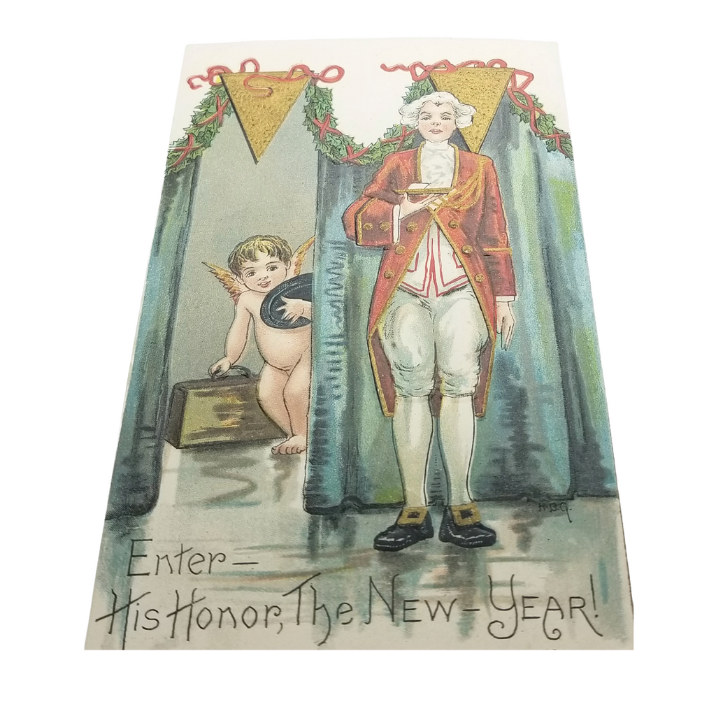 New Year Postcard 2276 Royal Butler Announcing Baby with Luggage Artist Griggs