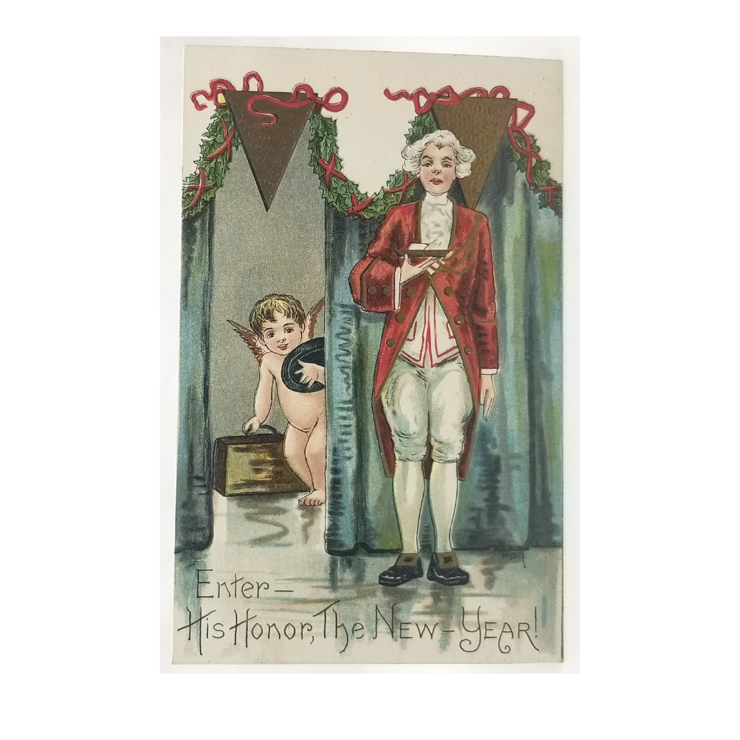 New Year Postcard 2276 Royal Butler Announcing Baby with Luggage Artist Griggs