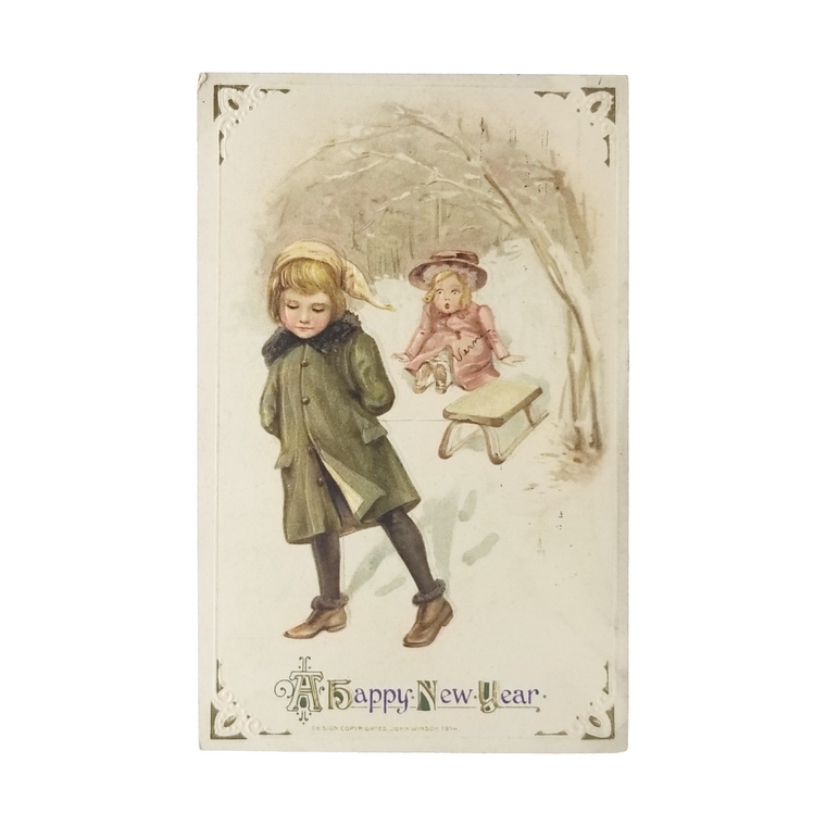 New Year Postcard Children Sledding Winsch Pub Artist Schmucker
