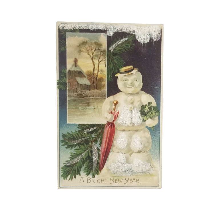 New Year Postcard Children Snowman Holding Umbrella with Glitter & Cottage