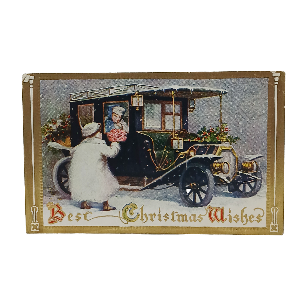 cherub children in snowstorm with old car