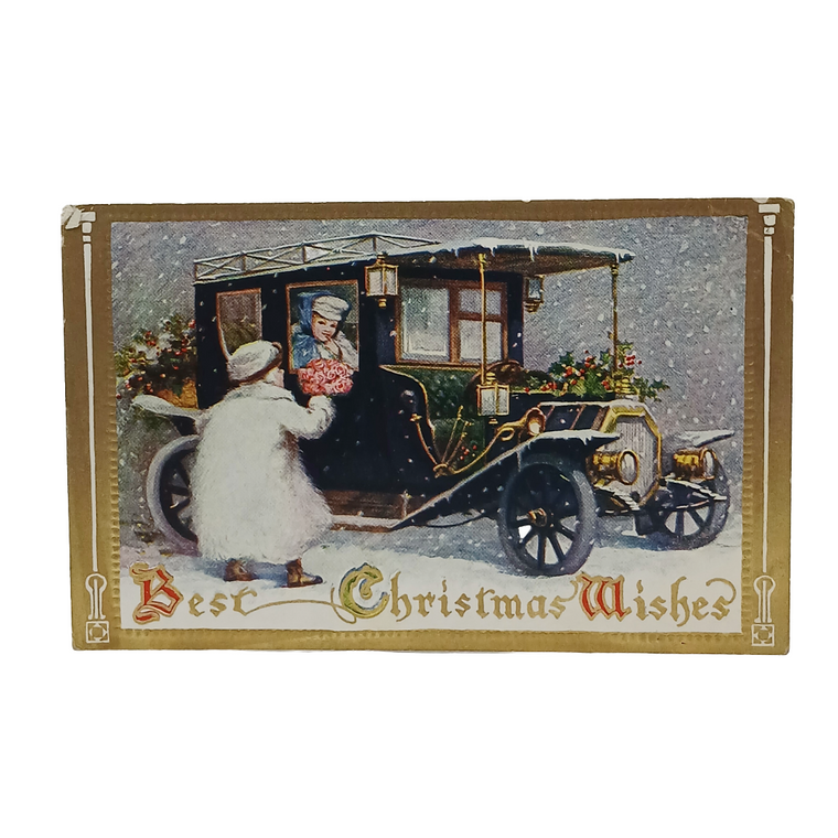cherub children in snowstorm with old car