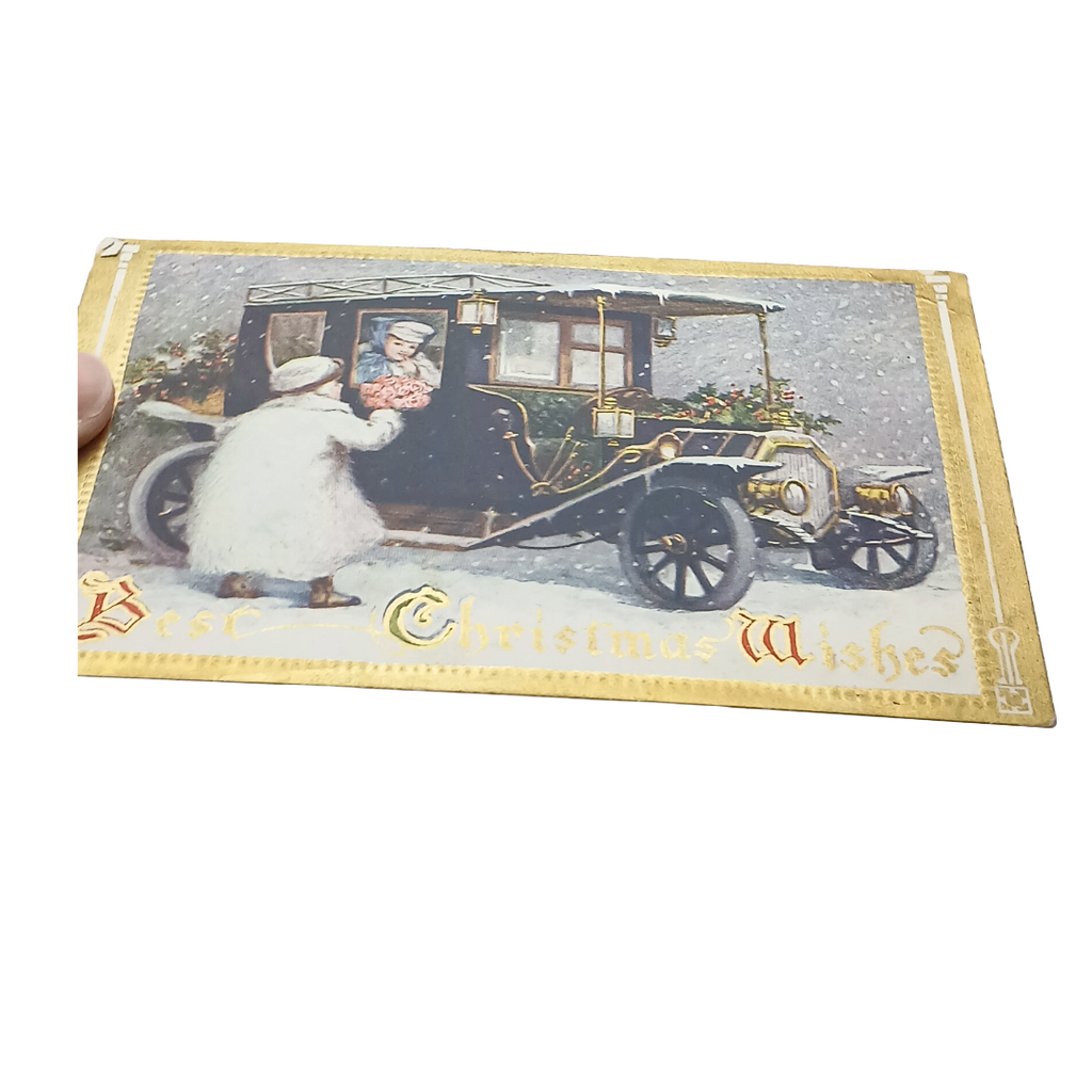 Antique Christmas Postcard | Cherub Bringing Flowers to Old Timey Car  | Series 79