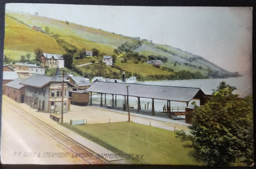 RR Depot Railroad & Steamboat Landing Hammondsport NY Rotograph RPPC Style Colored Postcard