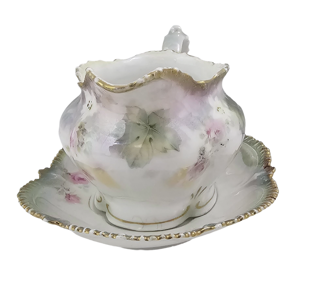 Antique RS Prussia Porcelain Creamer with Underplate Saucer - Pink Rose Floral Luster Motif