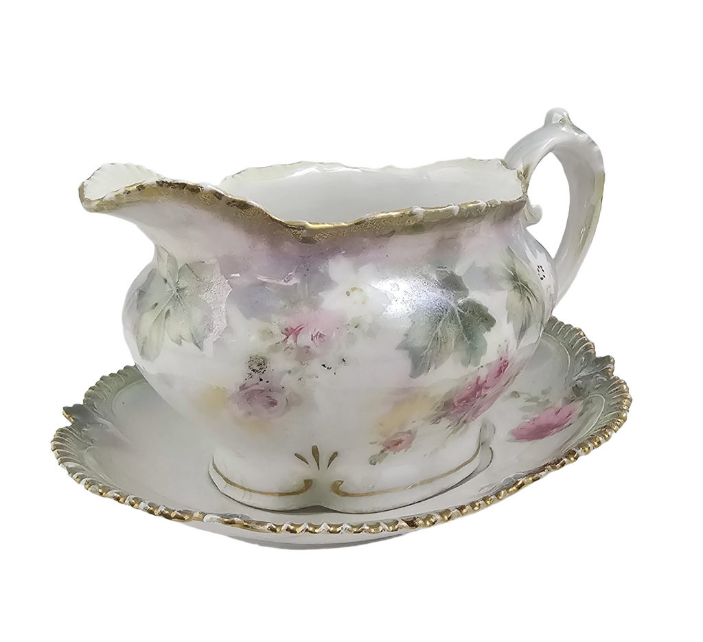 Antique RS Prussia Porcelain Creamer with Underplate Saucer - Pink Rose Floral Luster Motif