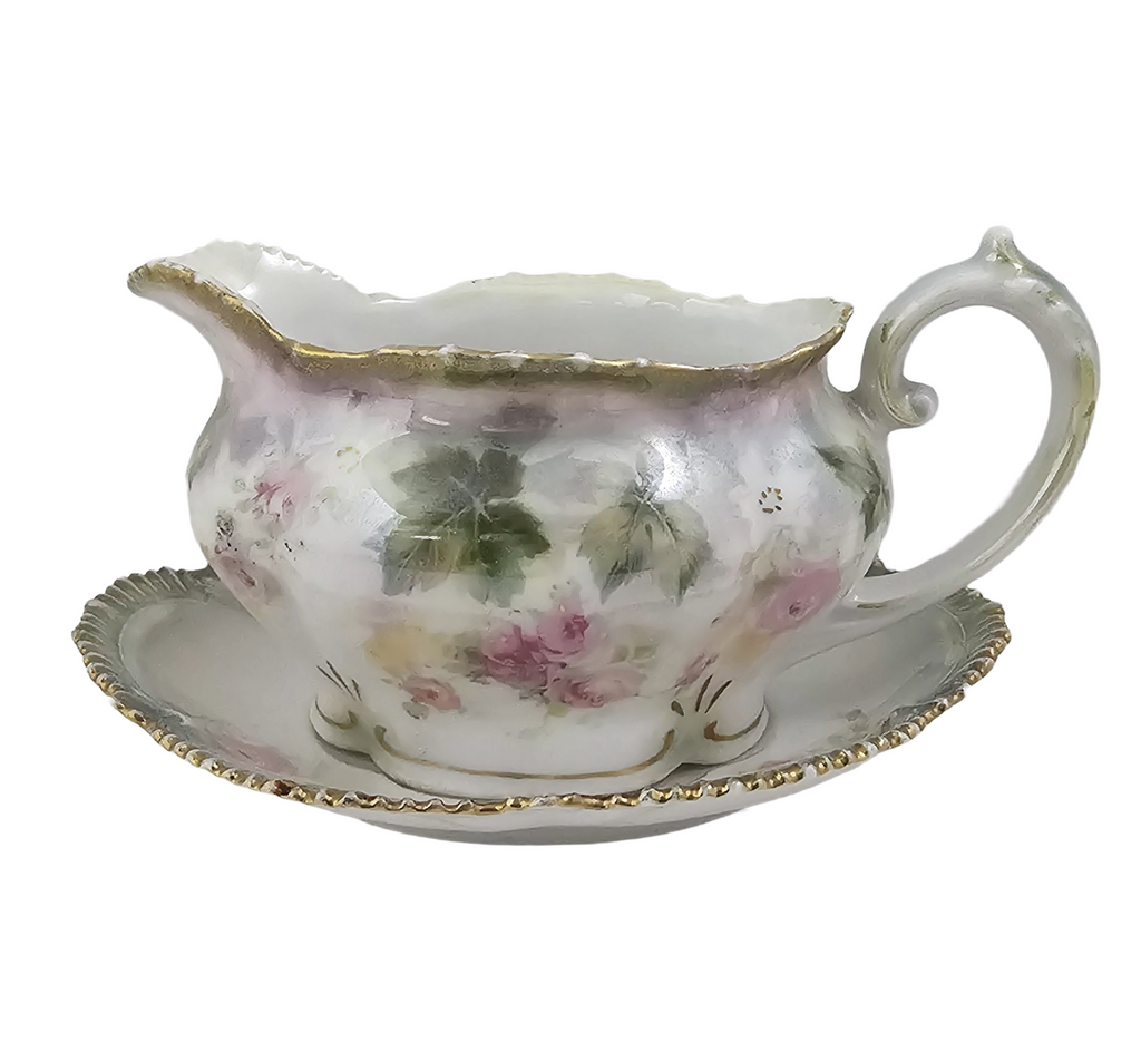 Antique RS Prussia Porcelain Creamer with Underplate Saucer - Pink Rose Floral Luster Motif