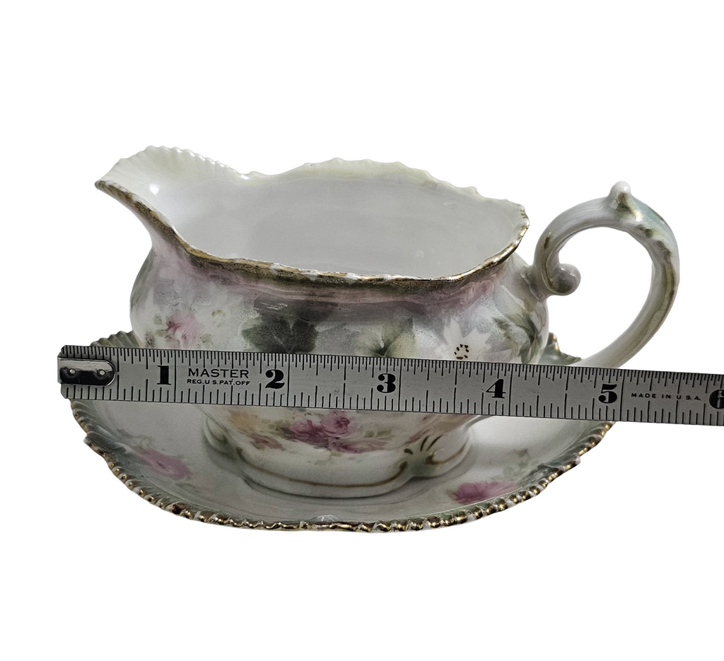 Antique RS Prussia Porcelain Creamer with Underplate Saucer - Pink Rose Floral Luster Motif