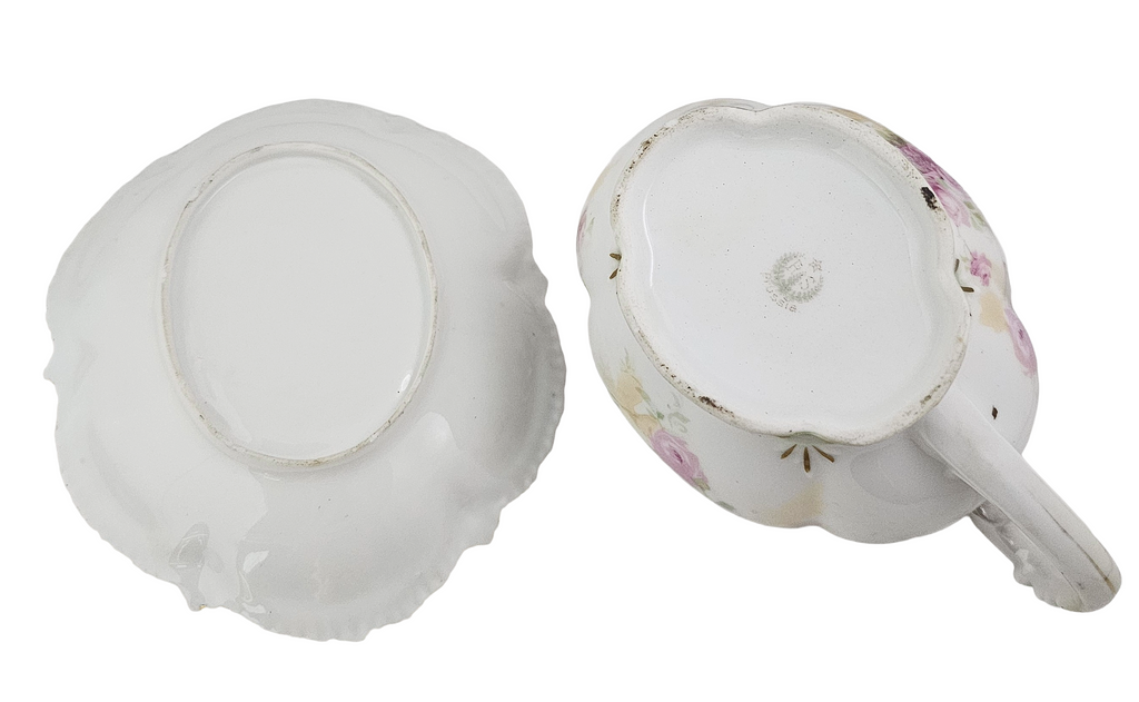 Antique RS Prussia Porcelain Creamer with Underplate Saucer - Pink Rose Floral Luster Motif