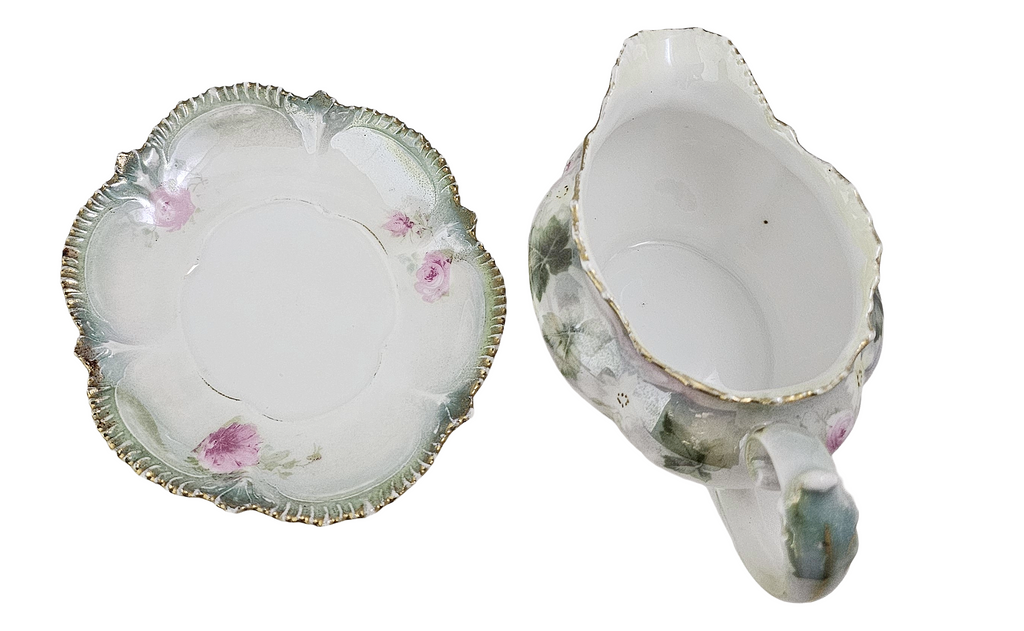 Antique RS Prussia Porcelain Creamer with Underplate Saucer - Pink Rose Floral Luster Motif