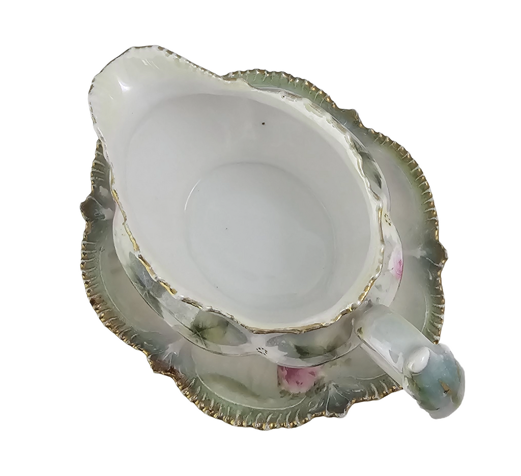 Antique RS Prussia Porcelain Creamer with Underplate Saucer - Pink Rose Floral Luster Motif