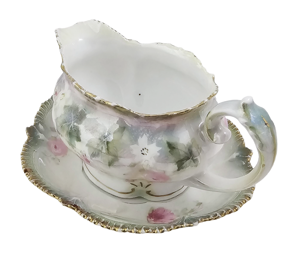 Antique RS Prussia Porcelain Creamer with Underplate Saucer - Pink Rose Floral Luster Motif