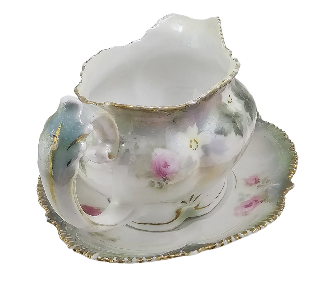Antique RS Prussia Porcelain Creamer with Underplate Saucer - Pink Rose Floral Luster Motif