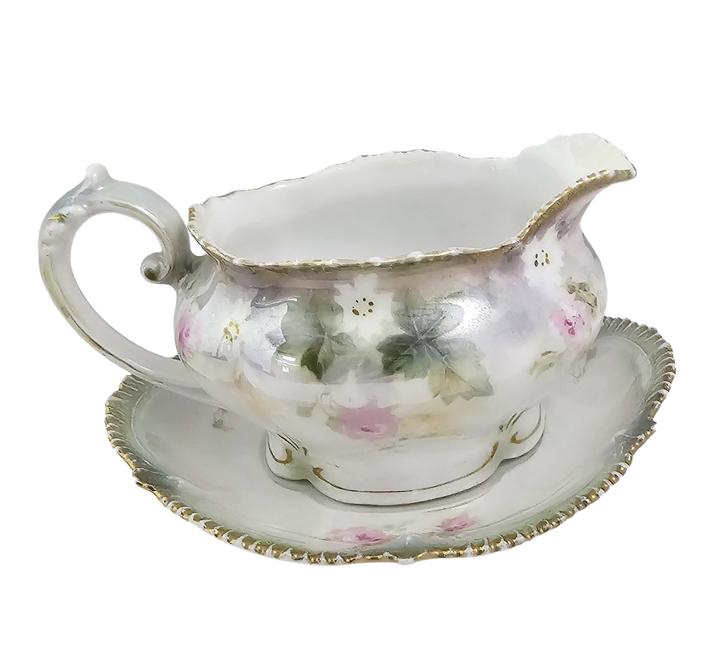 Antique RS Prussia Porcelain Creamer with Underplate Saucer - Pink Rose Floral Luster Motif