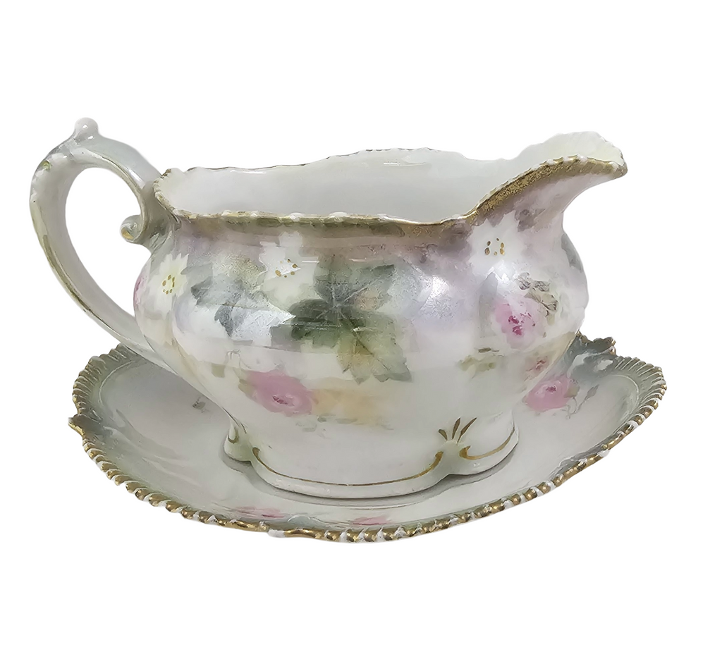 Antique RS Prussia Porcelain Creamer with Underplate Saucer - Pink Rose Floral Luster Motif