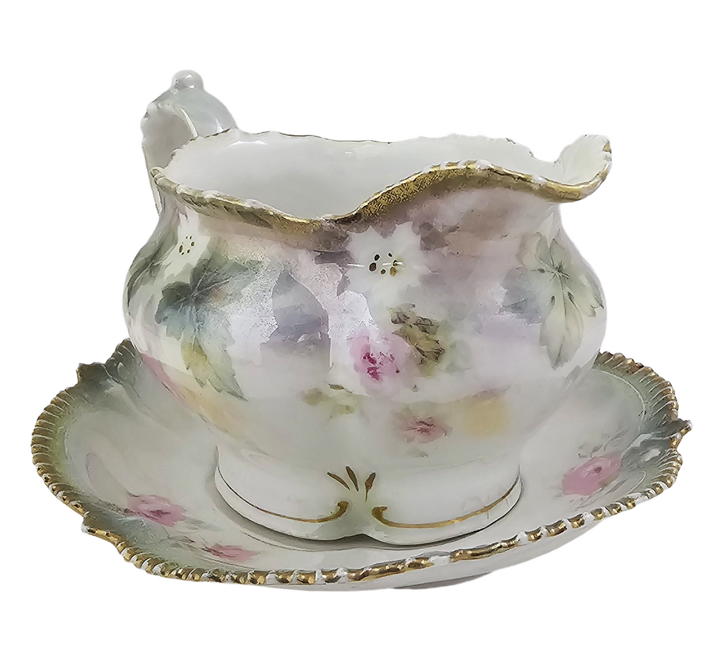 Antique RS Prussia Porcelain Creamer with Underplate Saucer - Pink Rose Floral Luster Motif