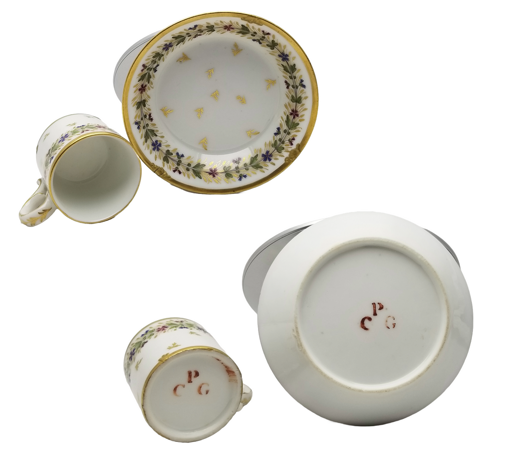 Rare 18th-Century Paris Porcelain Cup & Saucer – Manufacture du Petit Carrousel (PCG Mark)