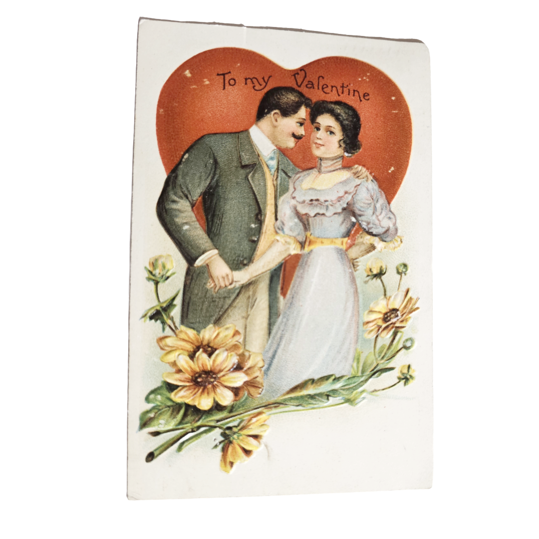 Valentine Postcard Couple with Giant Heart & Yellow Flowers Series 172