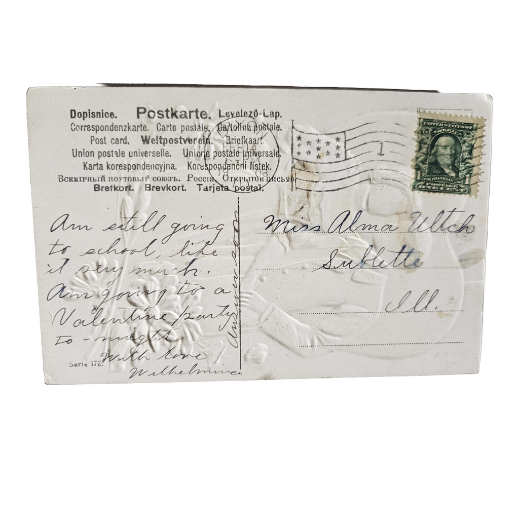 Valentine Postcard Couple with Giant Heart & Yellow Flowers Series 172