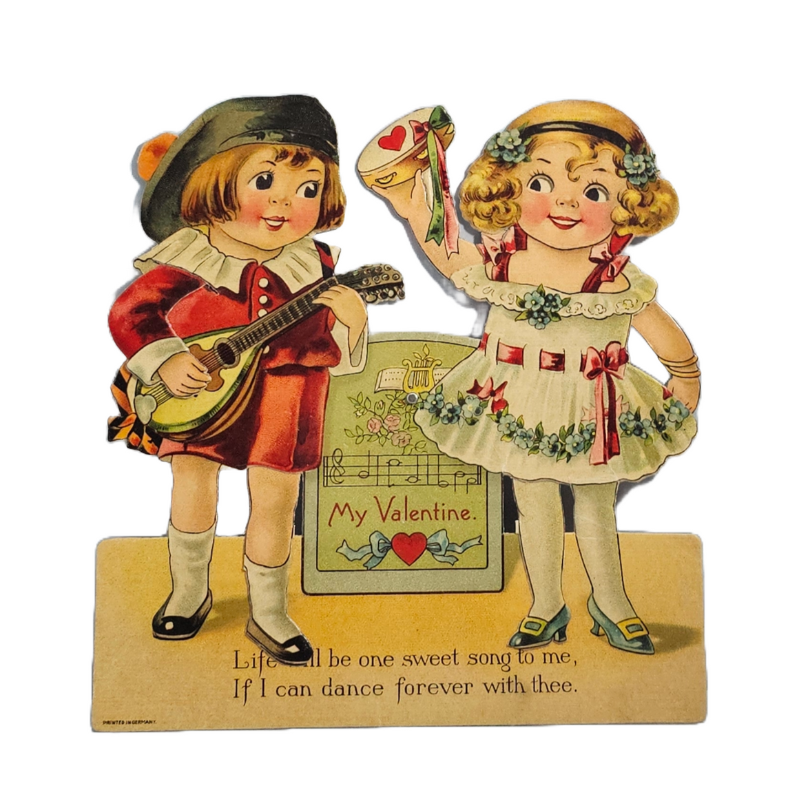 Larger Sized 7x7 Die Cut Mechanical Valentine Card Little Girl Dancing While Boy Plays Mandolin Printed in Germany